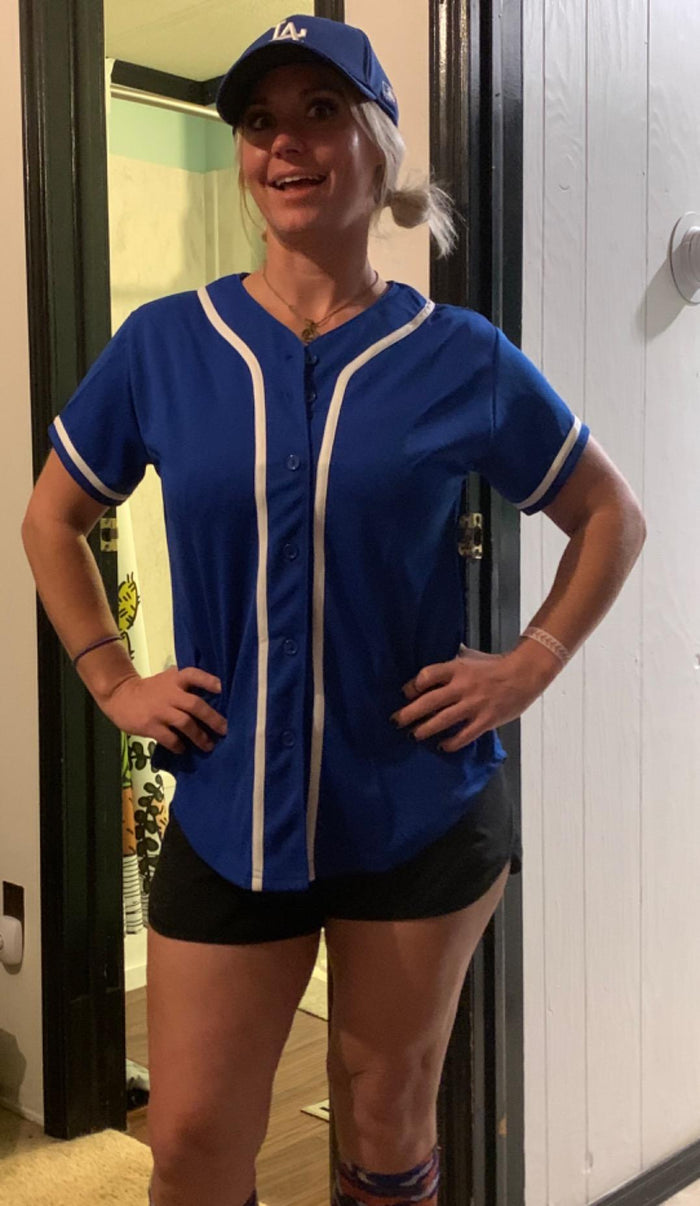 Pinkammo4x4 wearing blue button-up baseball jersey indoors