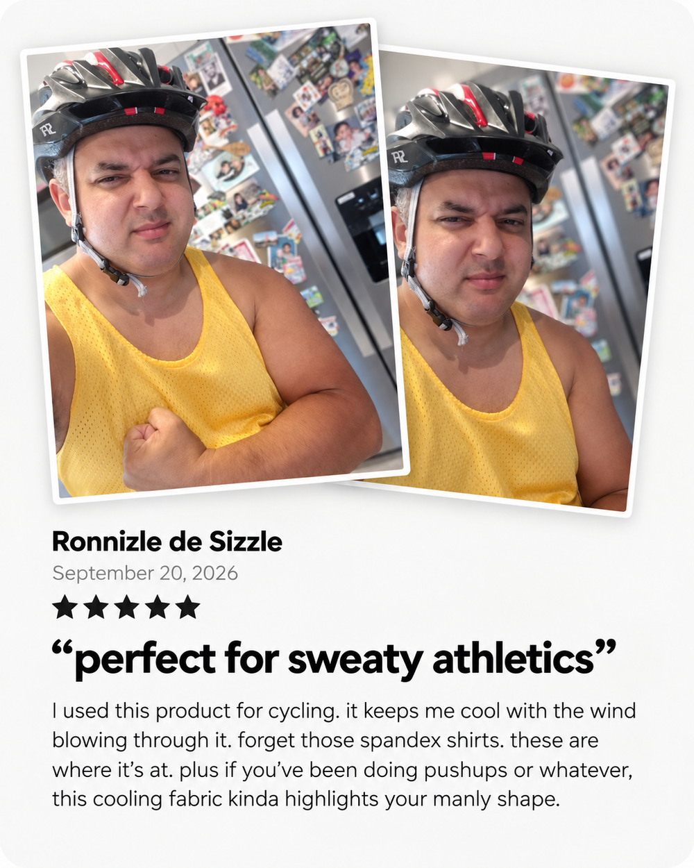 Ronnizle de Sizzle cycling mesh tank testimonial card