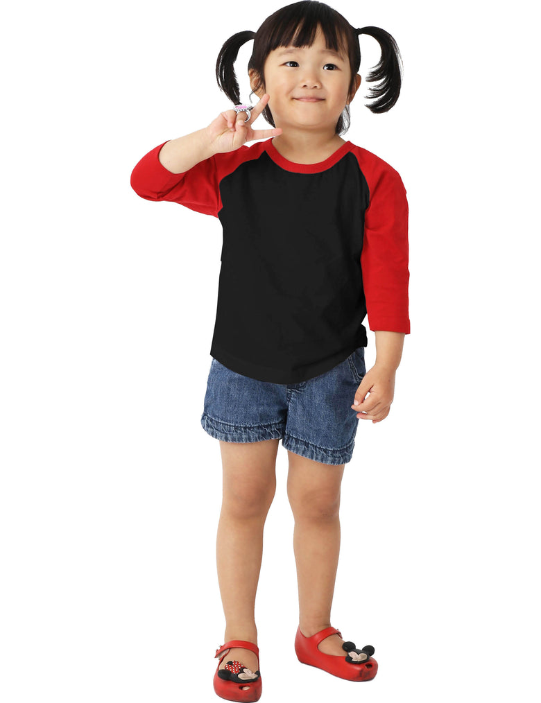 Kids’ Raglan 3/4 Sleeve Baseball Tee Shirt Toddler Youth Juniors in Black/Red - Hat and Beyond baseball jersey