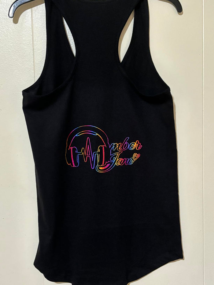 Custom black DJ tank top back with colorful DJ graphic