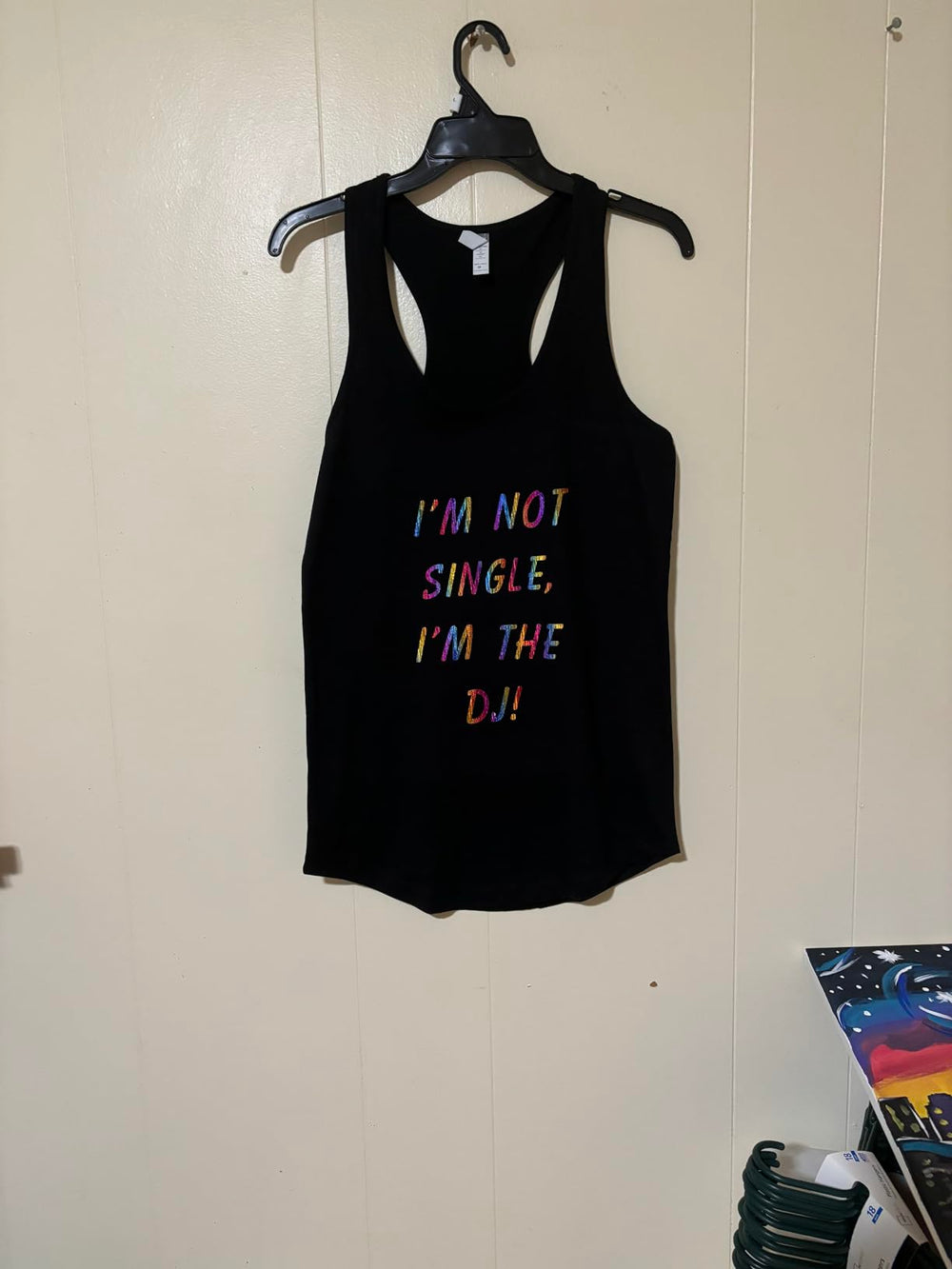 Custom black DJ tank top front with colorful lettering