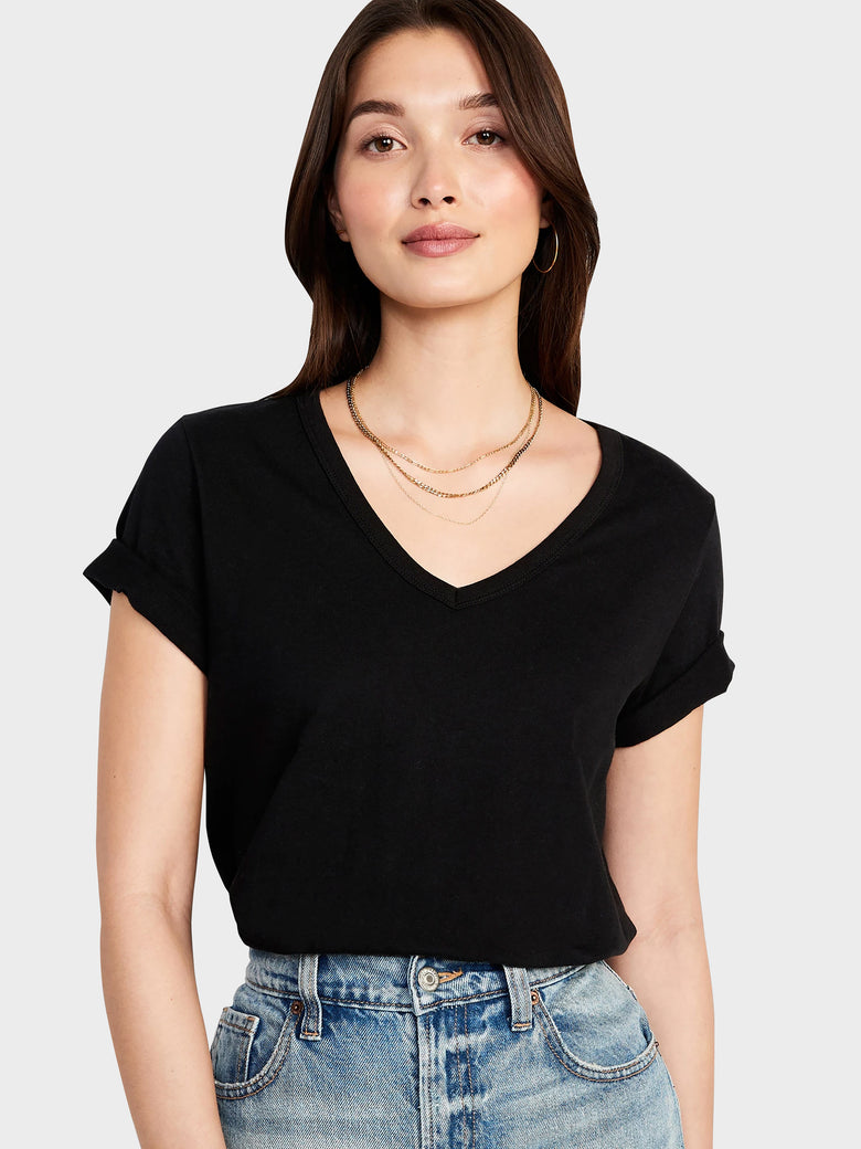 Women's Deep V-Neck T-Shirt Black – Wholesale Blank Deep V-Neck Tee | Hat and Beyond