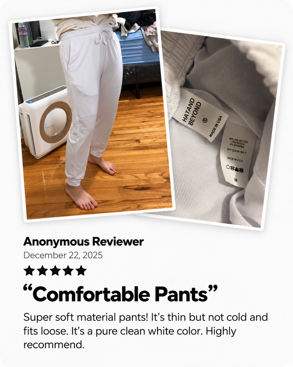 Comfortable Pants customer review card with white jogger photos