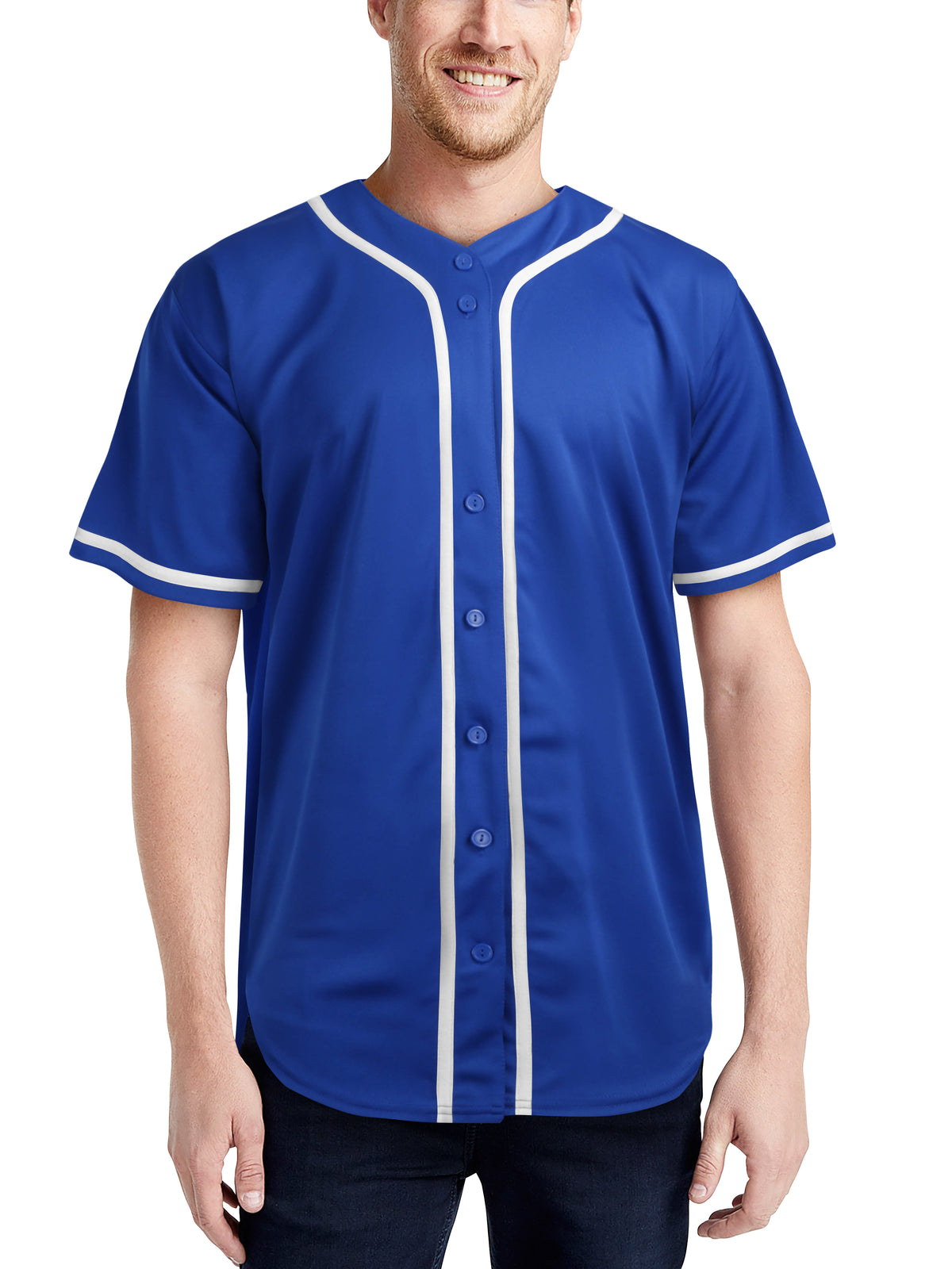 Men’s Team Sports Printable Blank Baseball Jersey Collar Button Up Shirts in Royal Blue - Hat and Beyond baseball jersey