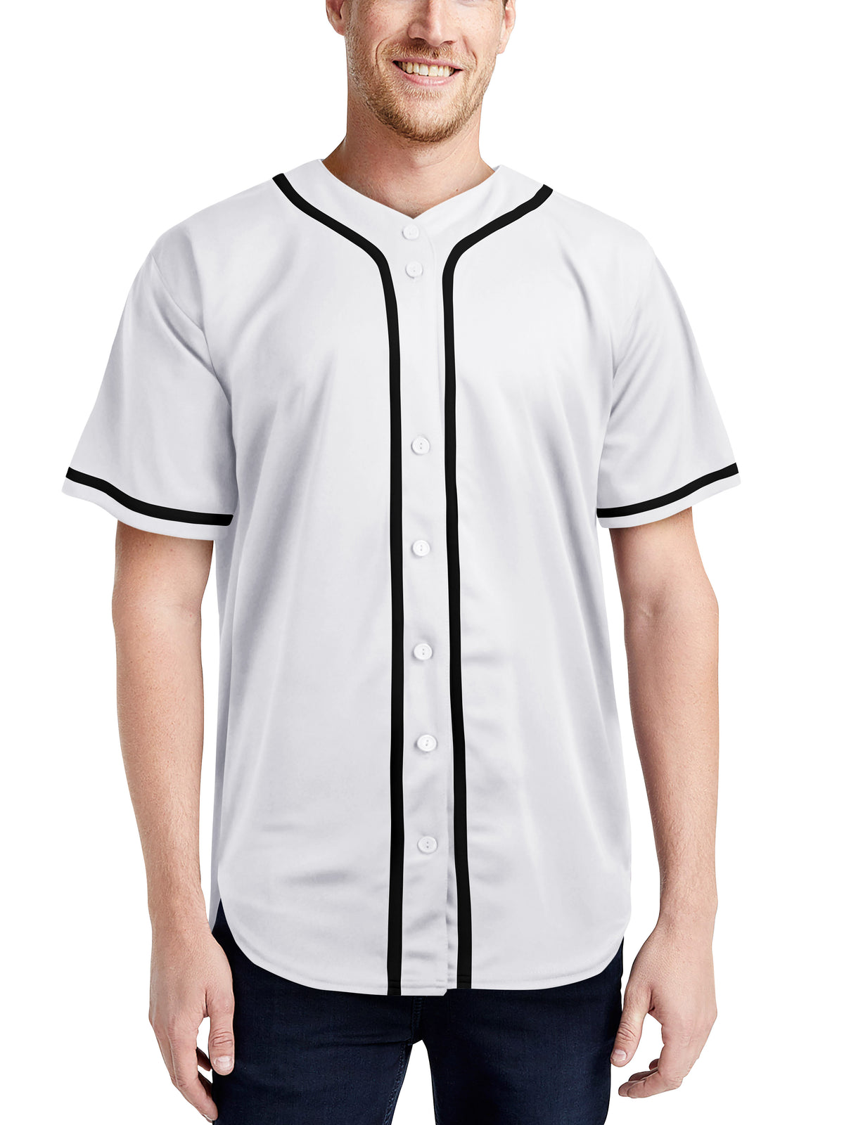 Men’s Team Sports Printable Blank Baseball Jersey Collar Button Up Shirts in White - Hat and Beyond baseball jersey