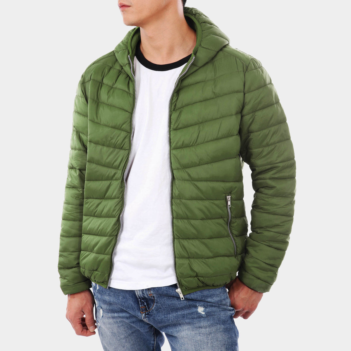 Men’s Ultra Light Hooded Puffer Jacket in puffer jacket_mens puffer jacket_bubble jacket_mens down jacket_padded jacket_hooded puffer jacket_best down jacket_Forest Green - Hat and