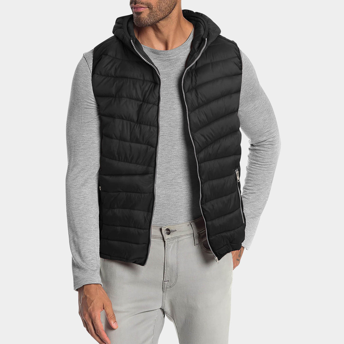 Men’s Ultra Light Hooded Puffer Vest in vest_mens vest_vest hoodie_mens hooded vest_puffy vest_vest jacket_mens vest jacket_winter vest_hooded down vest_Black - Hat and Beyond blan