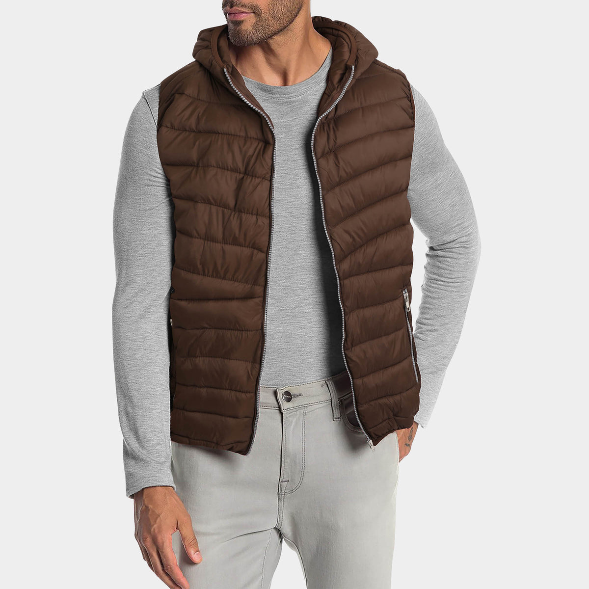Men’s Ultra Light Hooded Puffer Vest in vest_mens vest_vest hoodie_mens hooded vest_puffy vest_vest jacket_mens vest jacket_winter vest_hooded down vest_Brown - Hat and Beyond blan