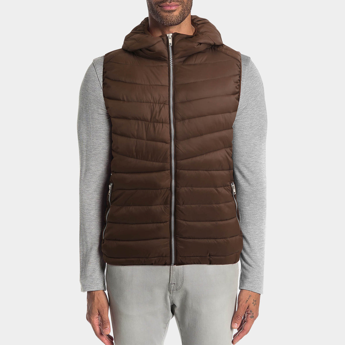 Men’s Ultra Light Hooded Puffer Vest in vest_mens vest_vest hoodie_mens hooded vest_puffy vest_vest jacket_mens vest jacket_winter vest_hooded down vest_Brown - Hat and Beyond blan