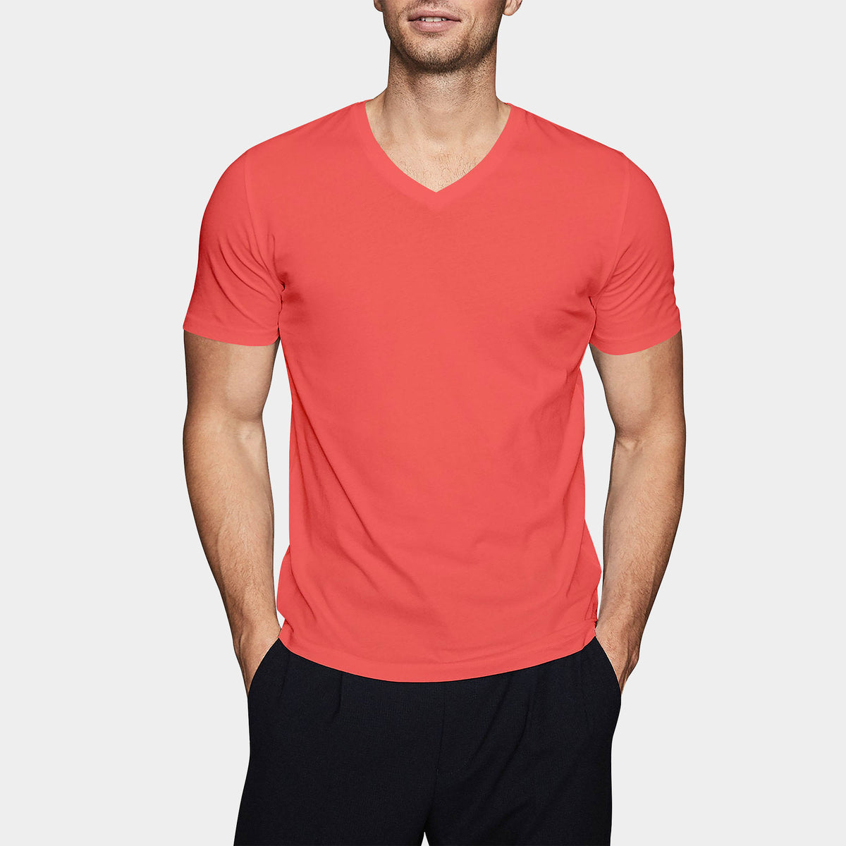 Men’s V-Neck T-Shirt in v neck men_v neck t shirts for men_best v neck t shirts mens_mens deep v neck t shirts_v neck shirt mens_best v neck undershirt_Coral - Hat and Beyond blank