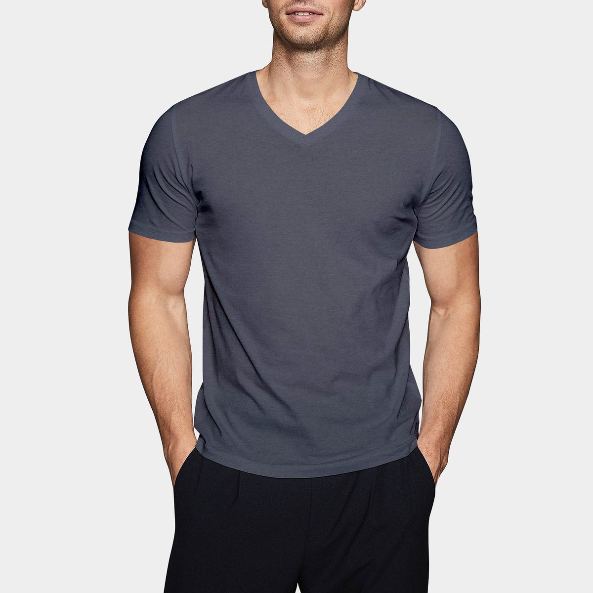 Men’s V-Neck T-Shirt in v neck men_v neck t shirts for men_best v neck t shirts mens_mens deep v neck t shirts_v neck shirt mens_best v neck undershirt_Heather Shale Blue - Hat and
