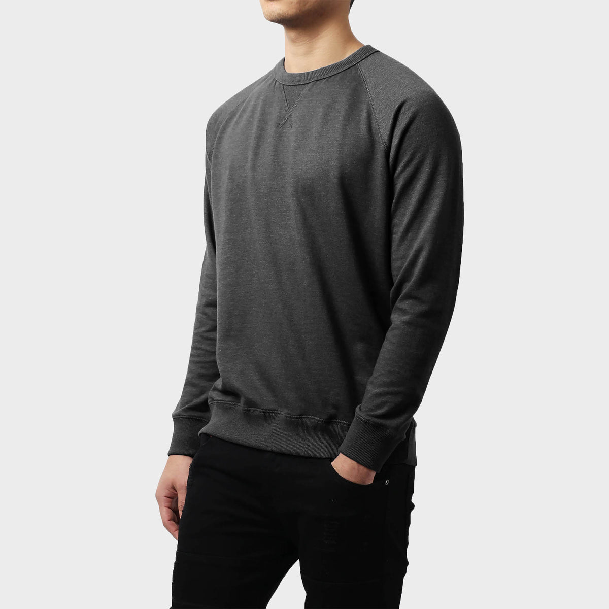 Men’s French Terry Crew Neck Sweater in sweater_cardigan_crew neck sweater_long sweater_mens sweater_cute sweaters_mens cardigan_french terry fabric_french terry_Charcoal - Hat and