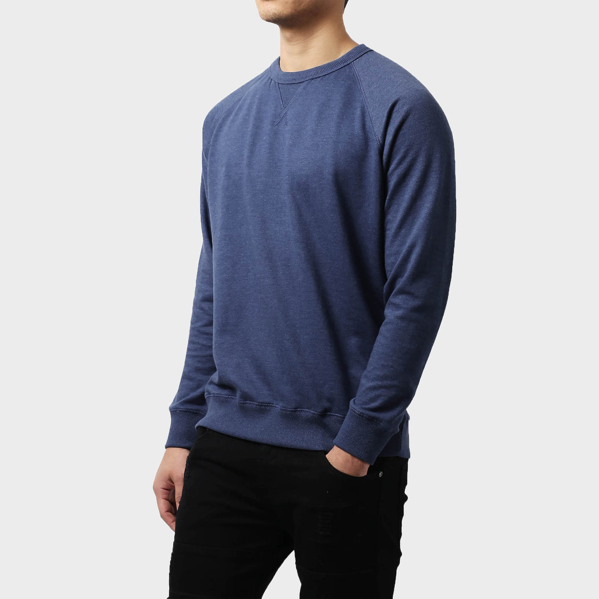 Men’s French Terry Crew Neck Sweater in sweater_cardigan_crew neck sweater_long sweater_mens sweater_cute sweaters_mens cardigan_french terry fabric_french terry_Denim - Hat and Be