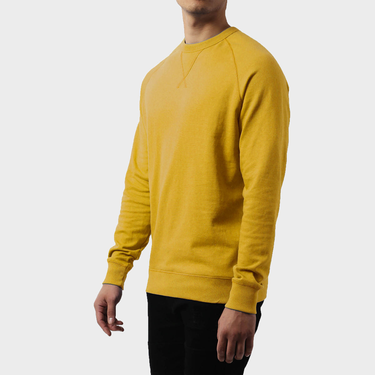 Men’s French Terry Crew Neck Sweater in sweater_cardigan_crew neck sweater_long sweater_mens sweater_cute sweaters_mens cardigan_french terry fabric_french terry_Mustard - Hat and 