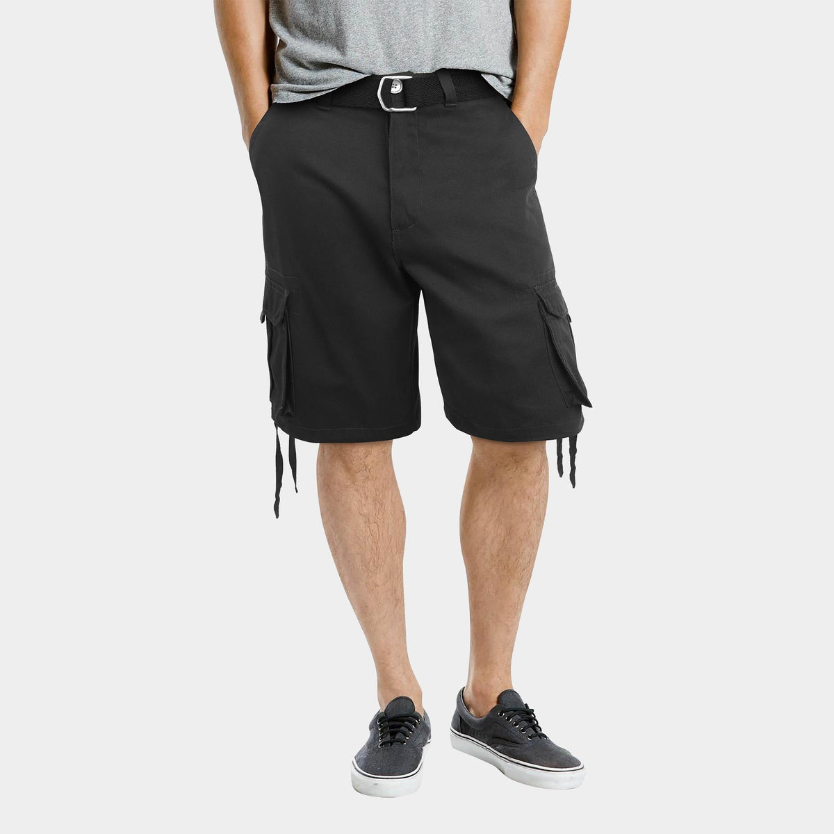 Men’s Premium Loose Fit Twill Cargo Shorts with Belt in Black - Hat and Beyond casual shorts