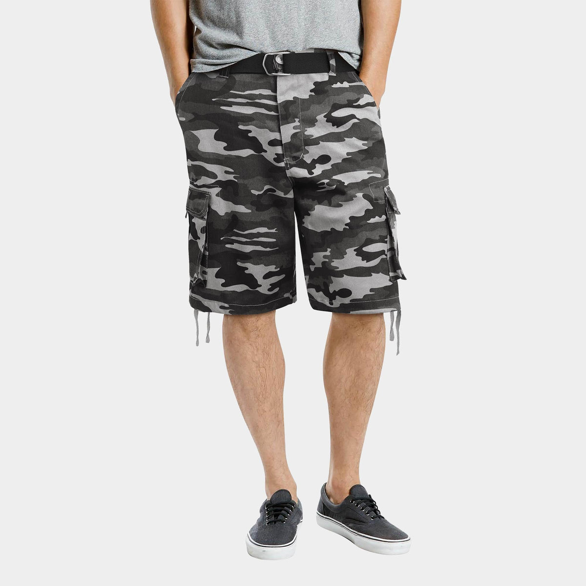 Men’s Premium Loose Fit Twill Cargo Shorts with Belt in Gray Camo - Hat and Beyond casual shorts