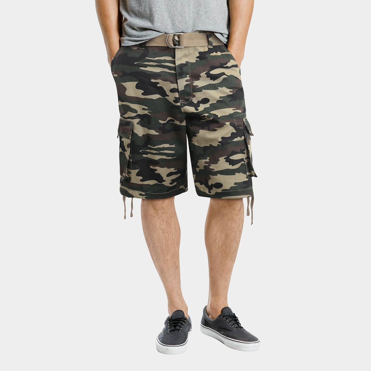 Men’s Premium Loose Fit Twill Cargo Shorts with Belt in Green Camo - Hat and Beyond casual shorts