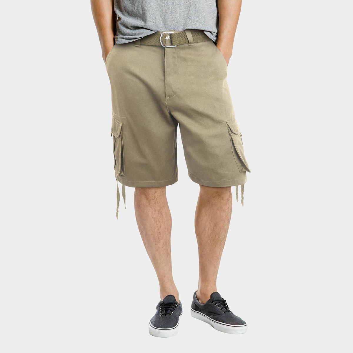 Men’s Premium Loose Fit Twill Cargo Shorts with Belt in Khaki - Hat and Beyond casual shorts