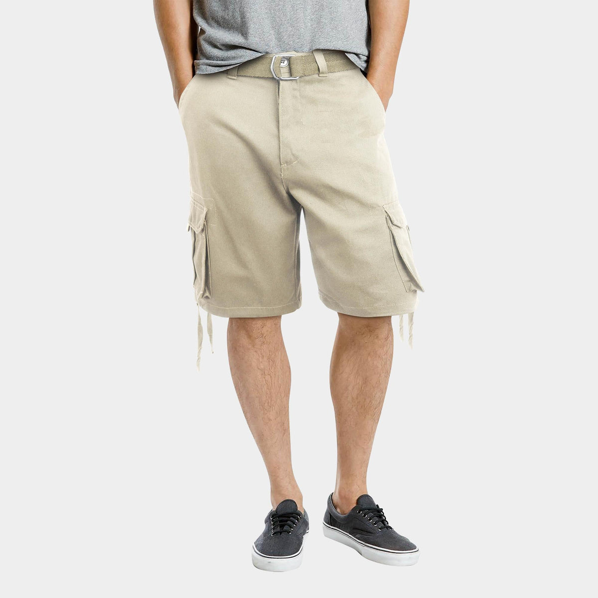 Men’s Premium Loose Fit Twill Cargo Shorts with Belt in Sand - Hat and Beyond casual shorts