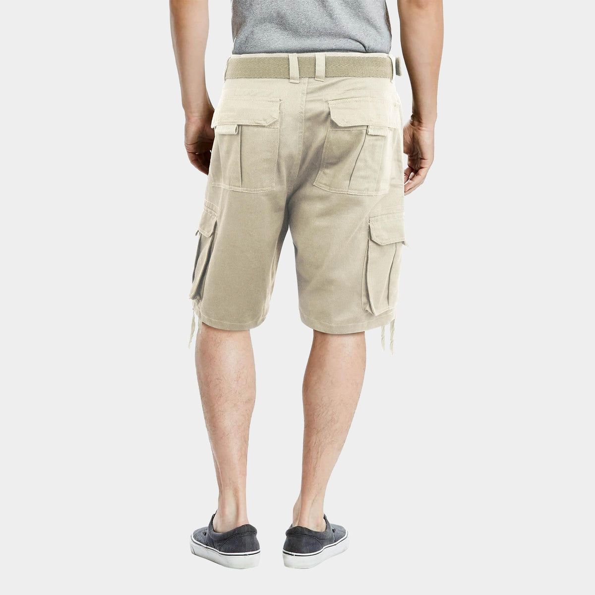 Men’s Premium Loose Fit Twill Cargo Shorts with Belt in Sand - Hat and Beyond casual shorts