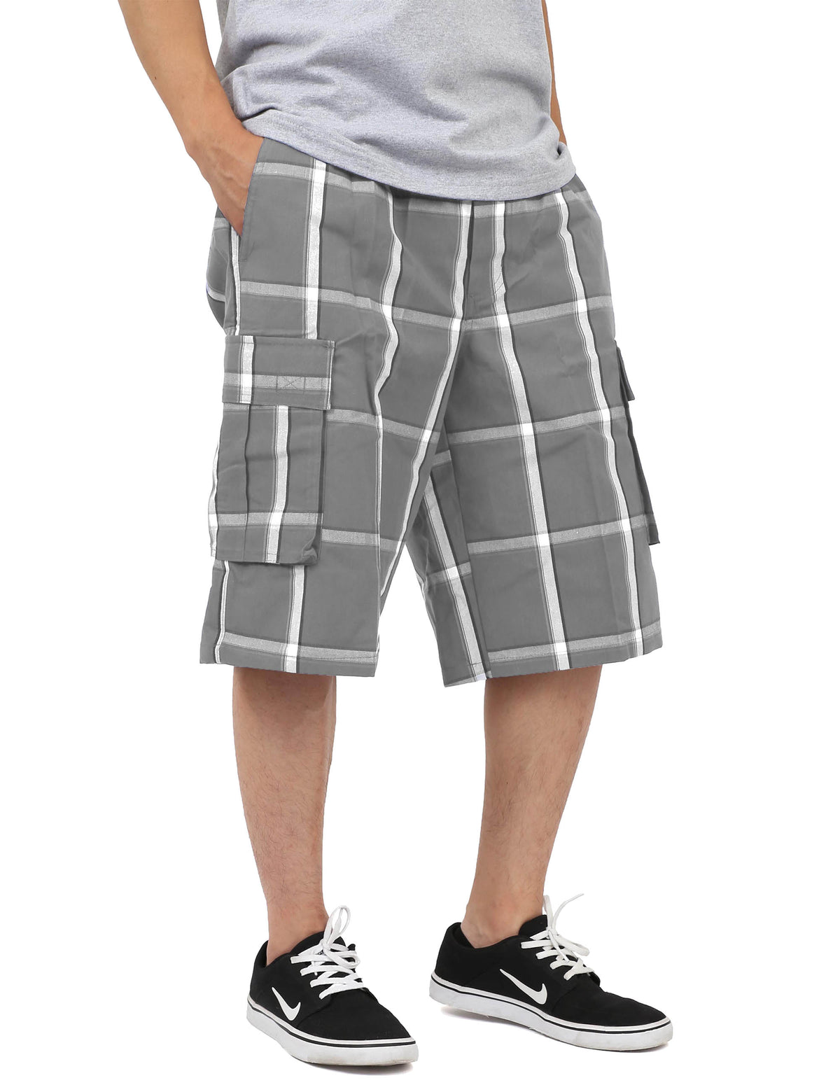 Men’s Checkered Plaid Cargo Shorts in Dark Gray - Hat and Beyond casual shorts