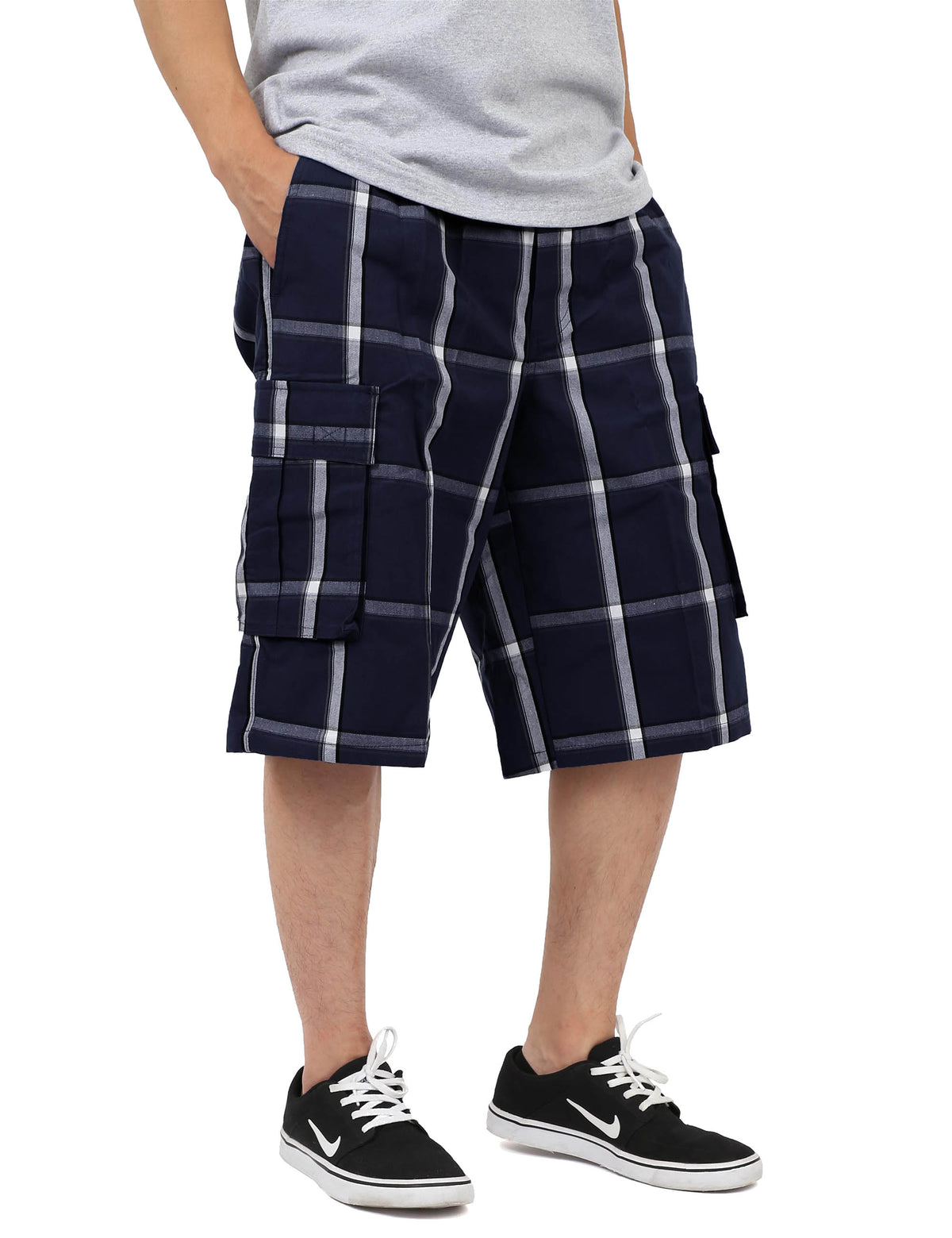 Men’s Checkered Plaid Cargo Shorts in Navy - Hat and Beyond casual shorts