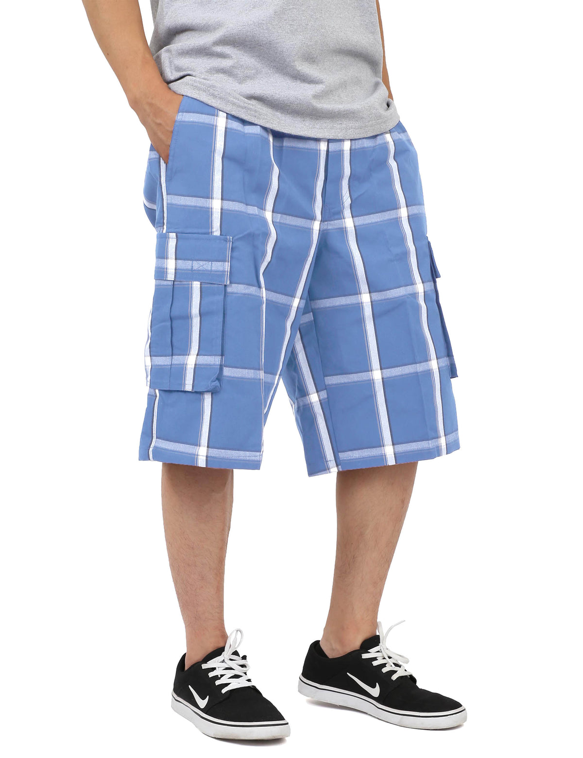 Men’s Checkered Plaid Cargo Shorts in Sky Blue - Hat and Beyond casual shorts