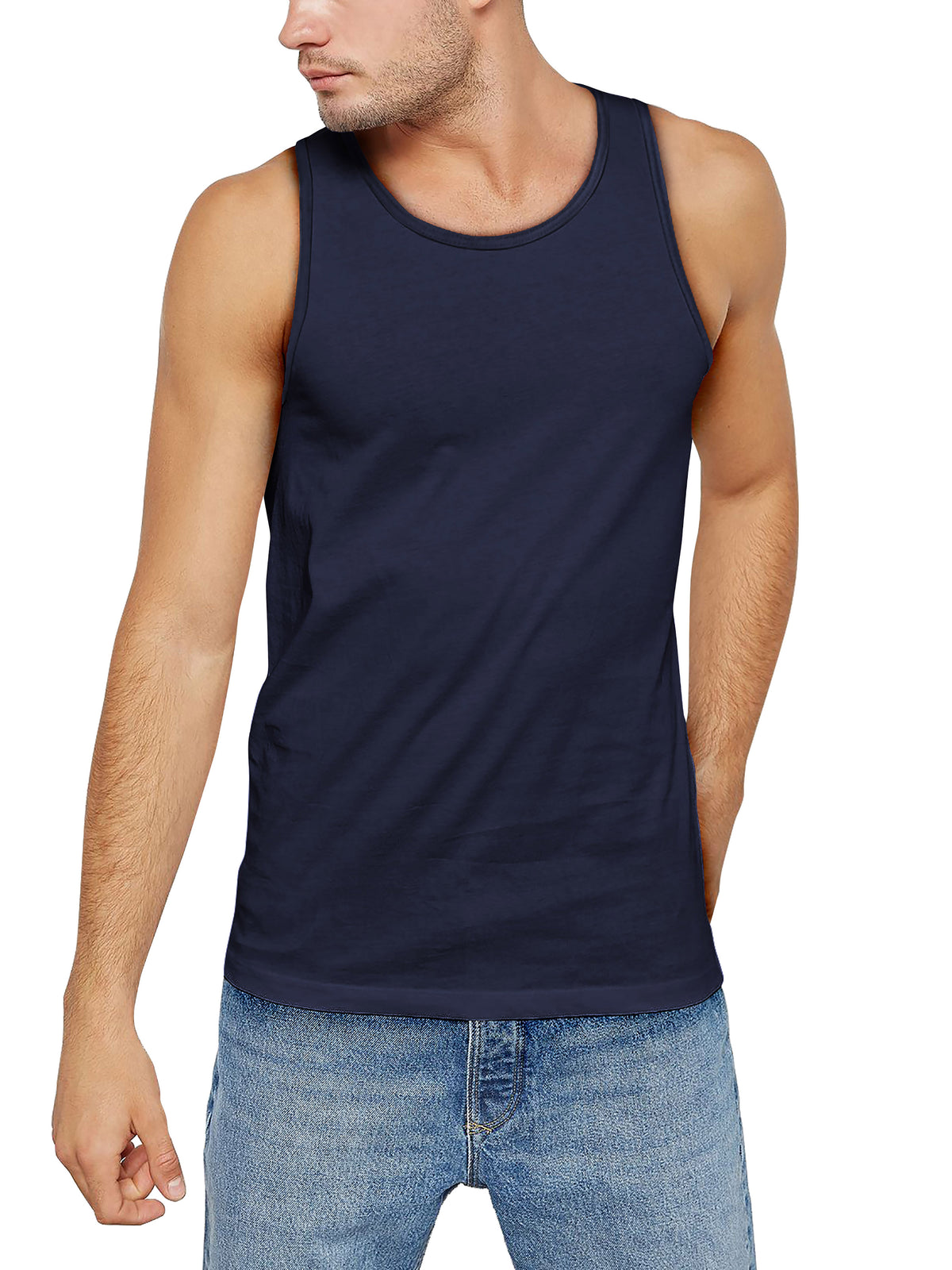 Men’s Muscle Fit Workout Sleeveless Tank Top in Navy - Hat and Beyond tank top