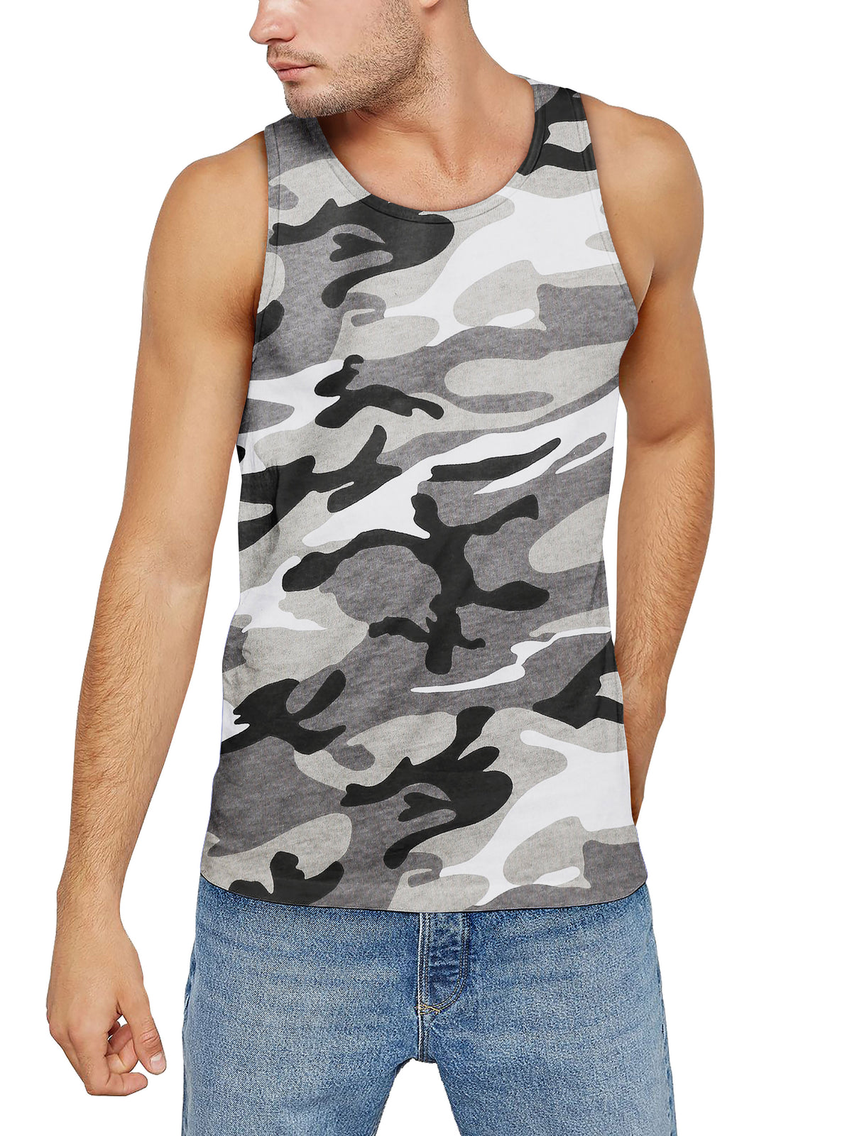 Men’s Muscle Fit Workout Sleeveless Tank Top in White Camo - Hat and Beyond tank top