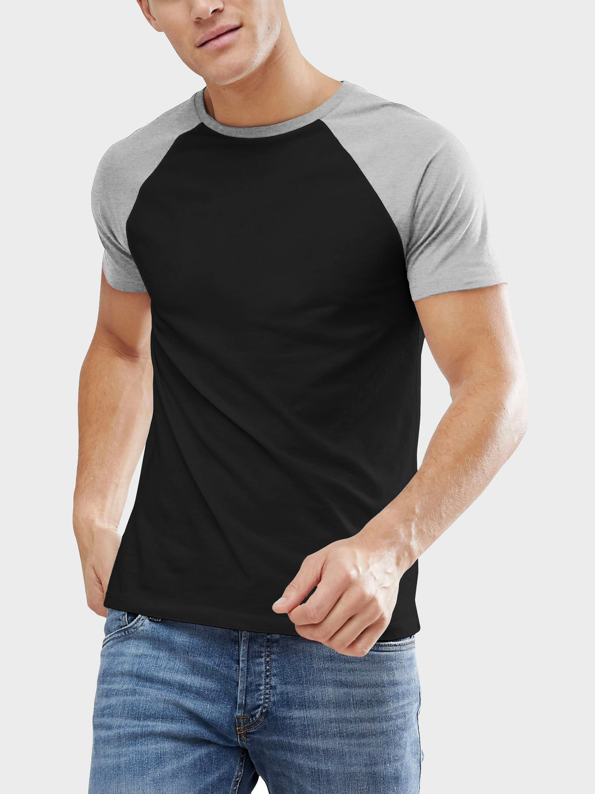 Men’s Contrast Raglan Short Sleeve Baseball T-Shirts in Black/Heather Gray - Hat and Beyond baseball jersey