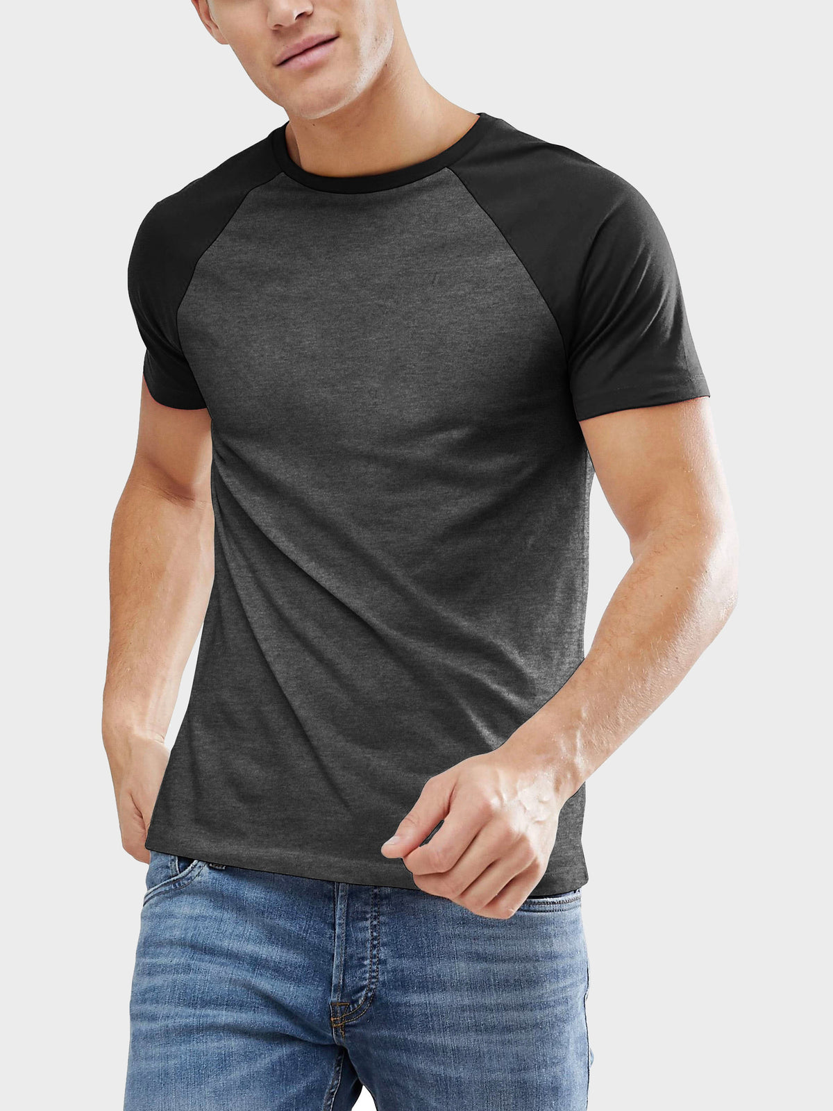Men’s Contrast Raglan Short Sleeve Baseball T-Shirts in Charcoal/Black - Hat and Beyond baseball jersey