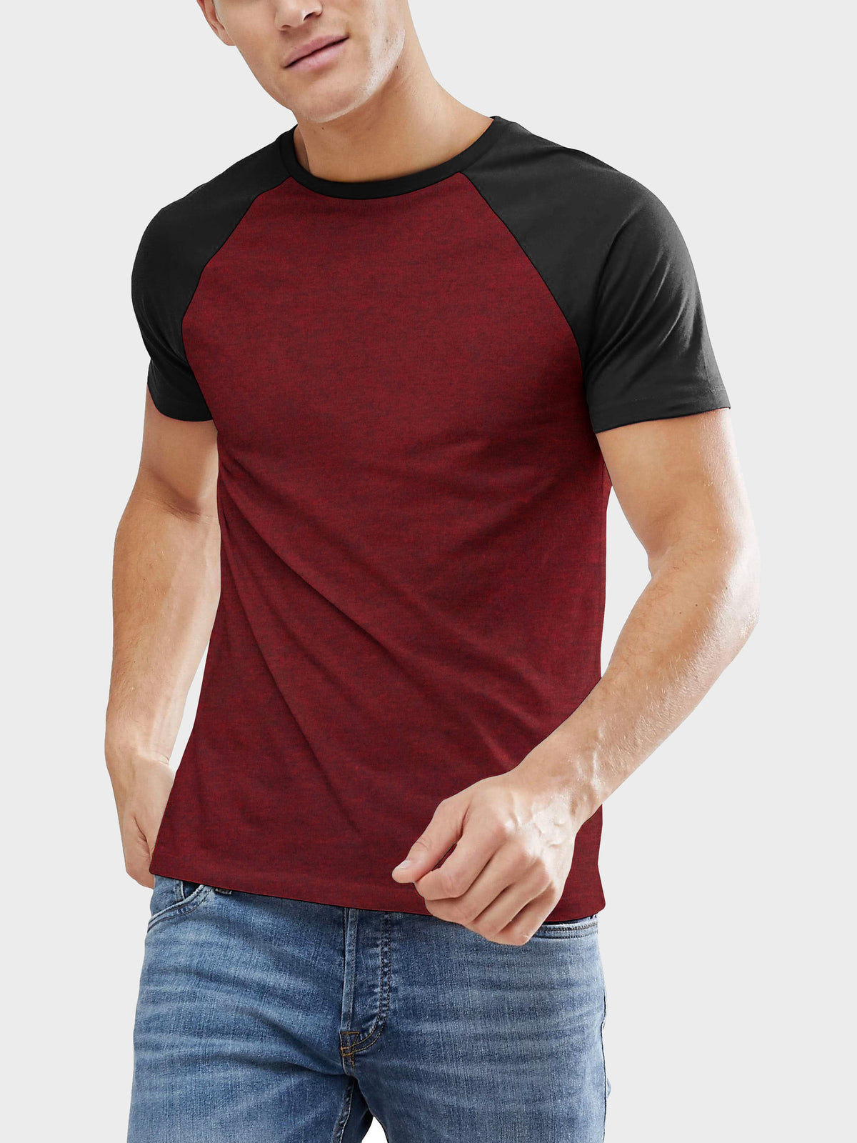 Men’s Contrast Raglan Short Sleeve Baseball T-Shirts in Cranberry Caviar/Black - Hat and Beyond baseball jersey