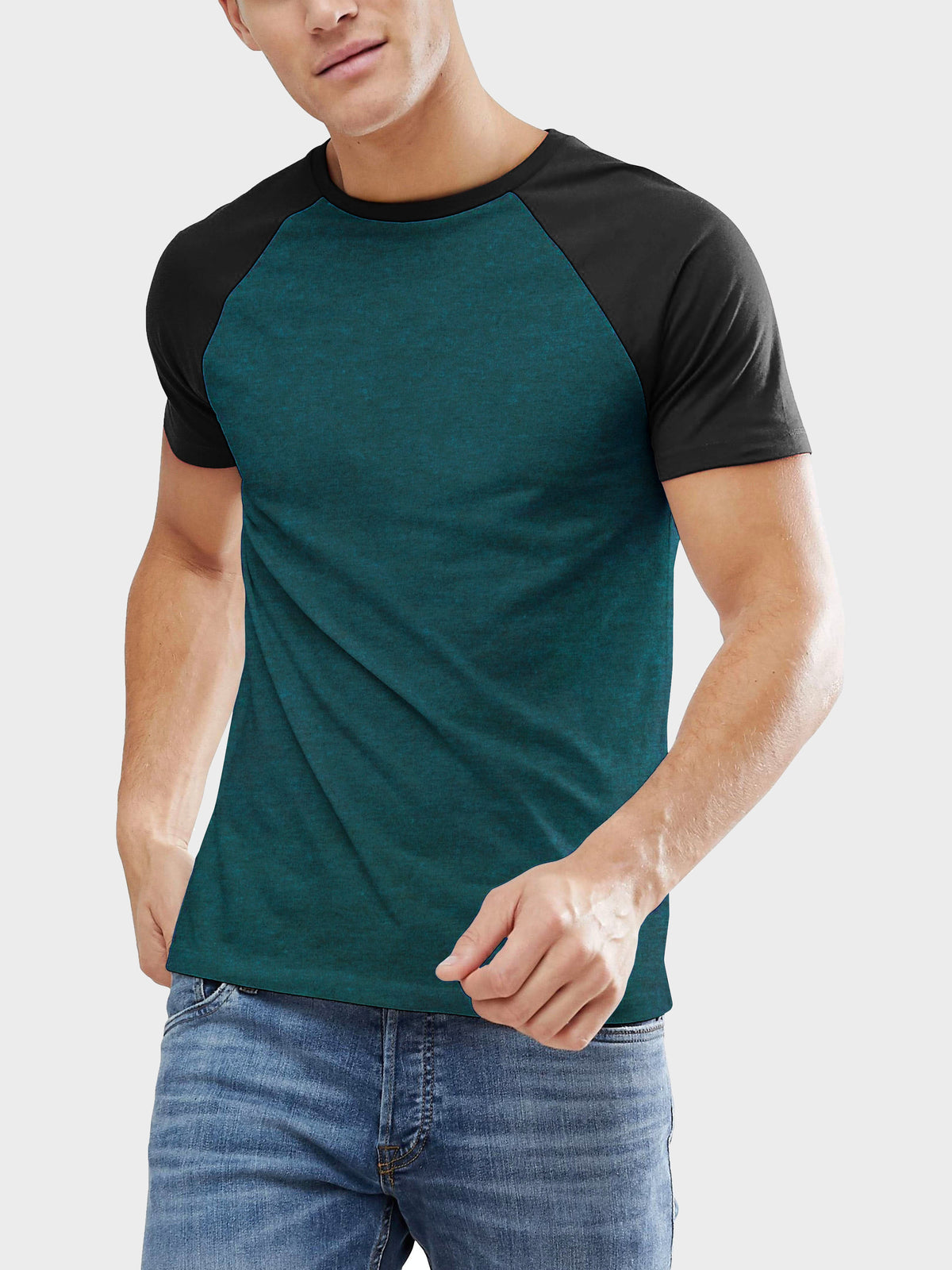 Men’s Contrast Raglan Short Sleeve Baseball T-Shirts in Cyan Caviar/Black - Hat and Beyond baseball jersey