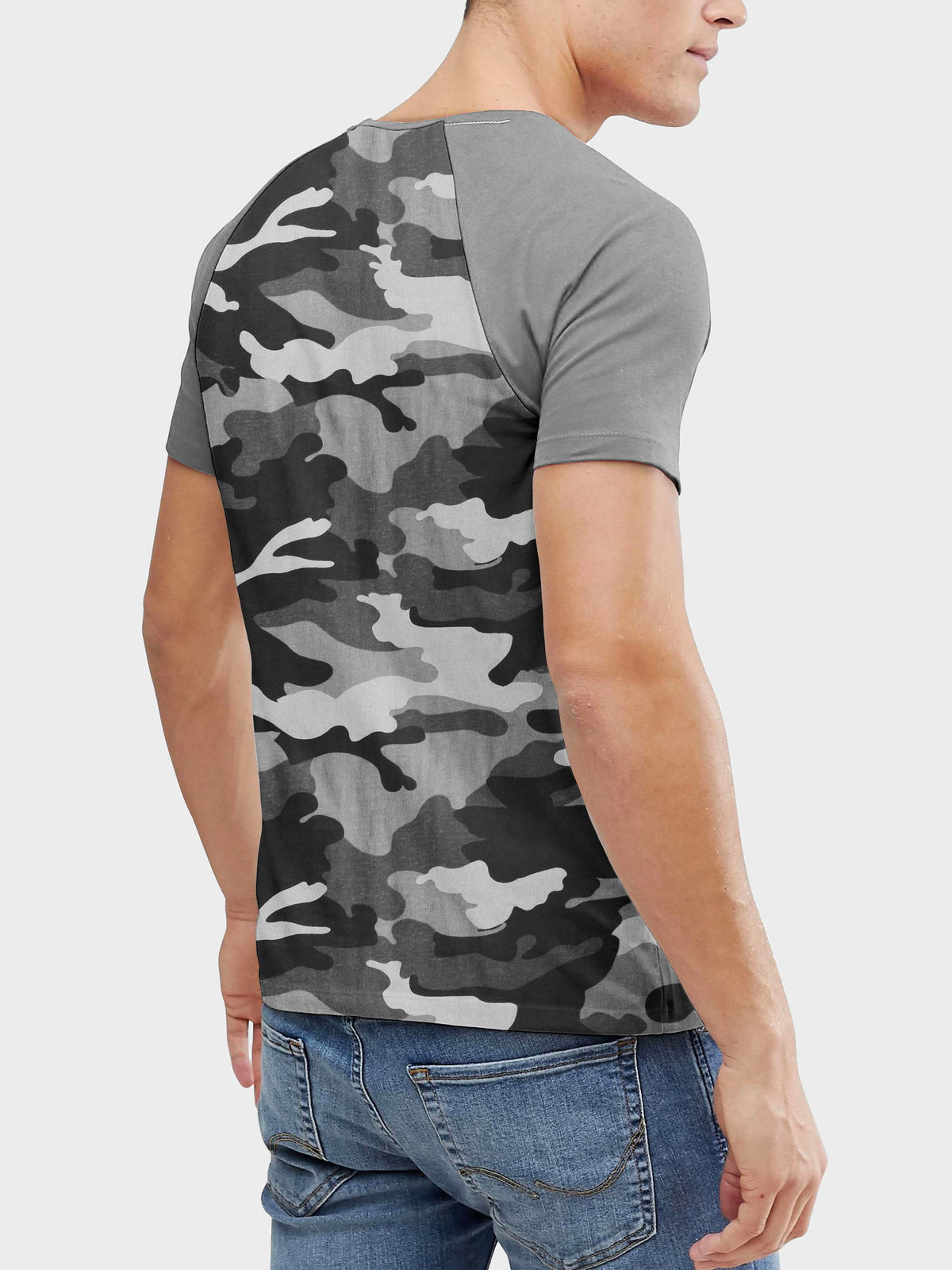Men’s Contrast Raglan Short Sleeve Baseball T-Shirts in Gray Camo/Cool Gray - Hat and Beyond baseball jersey