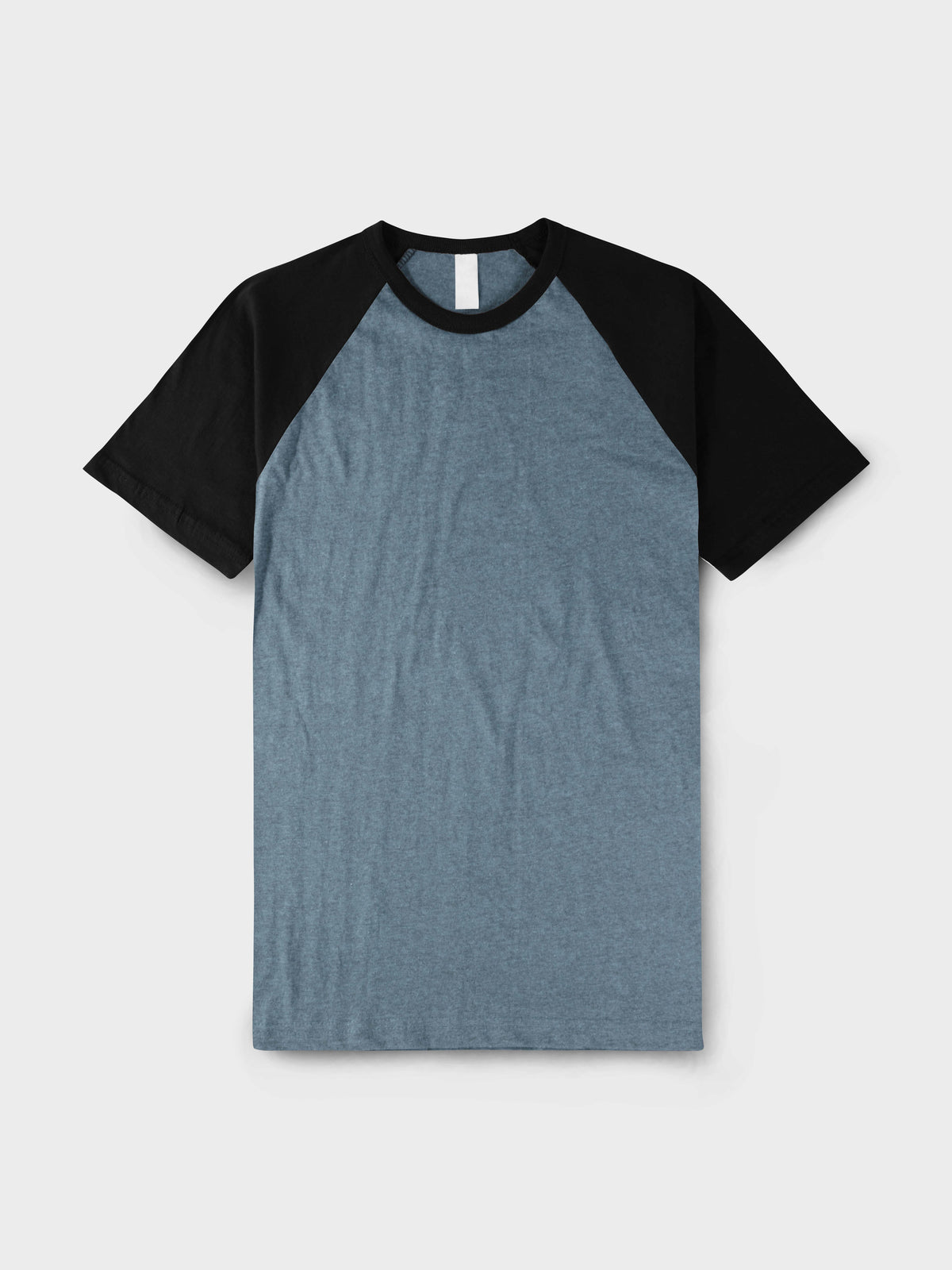 Men’s Contrast Raglan Short Sleeve Baseball T-Shirts in Heather Denim/Black - Hat and Beyond baseball jersey