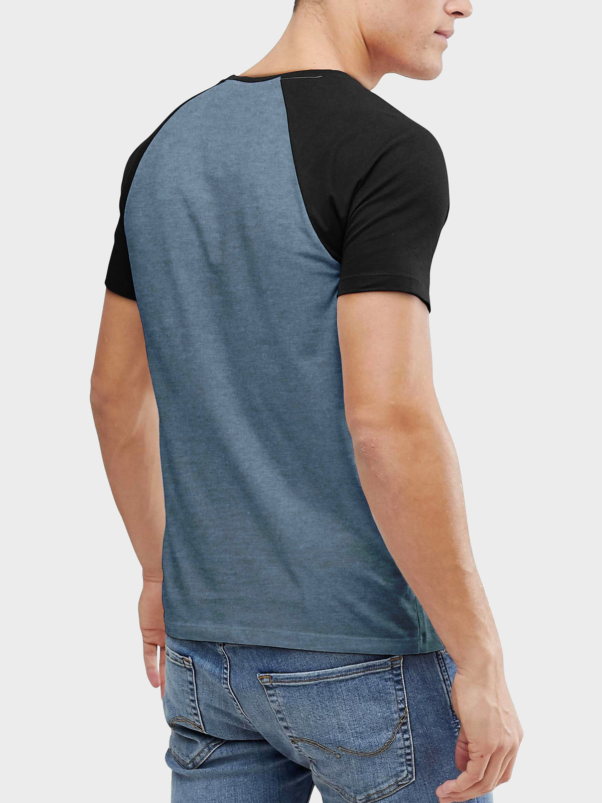 Men’s Contrast Raglan Short Sleeve Baseball T-Shirts in Heather Denim/Black - Hat and Beyond baseball jersey