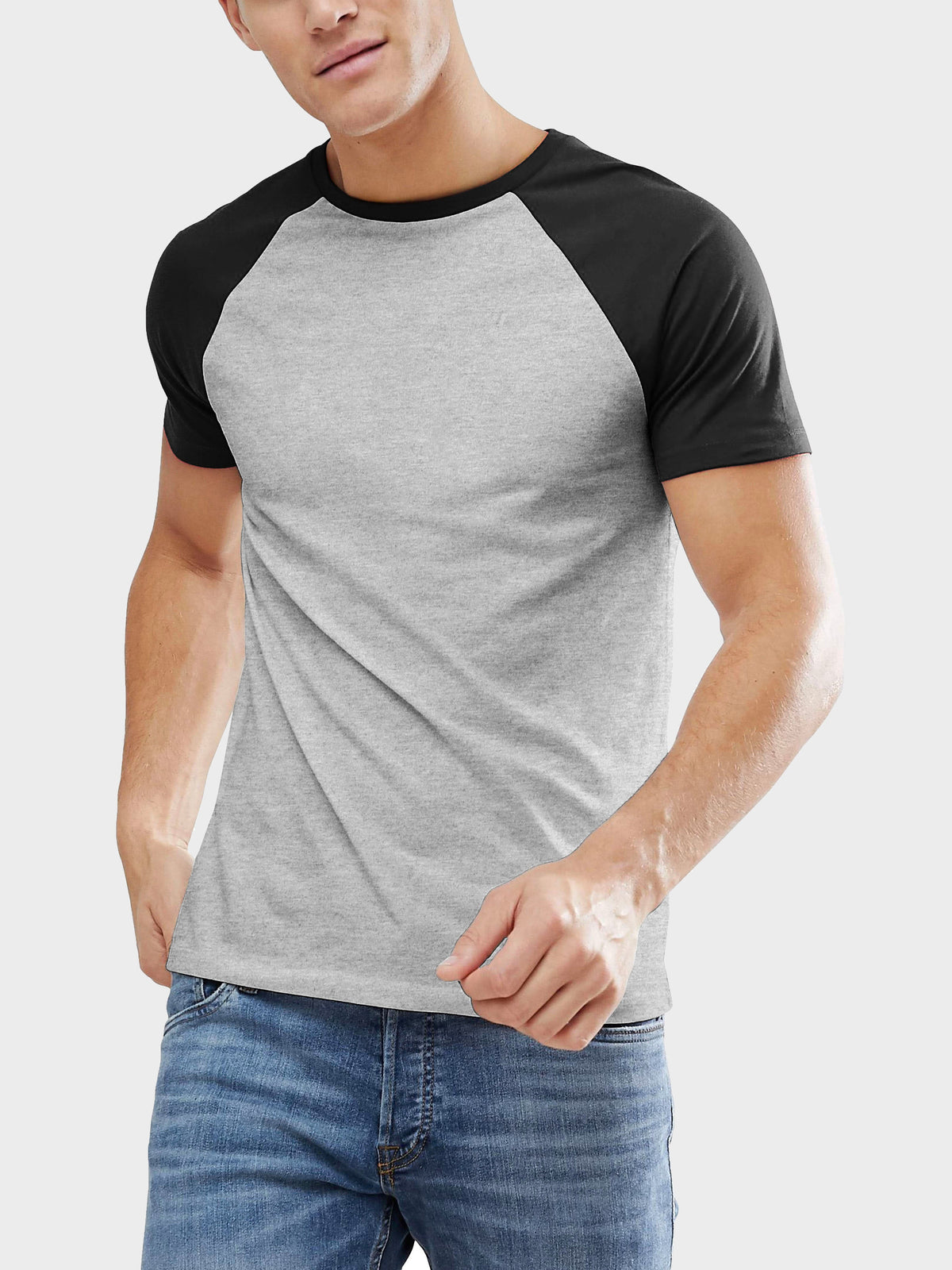 Men’s Contrast Raglan Short Sleeve Baseball T-Shirts in Heather Gray/Black - Hat and Beyond baseball jersey