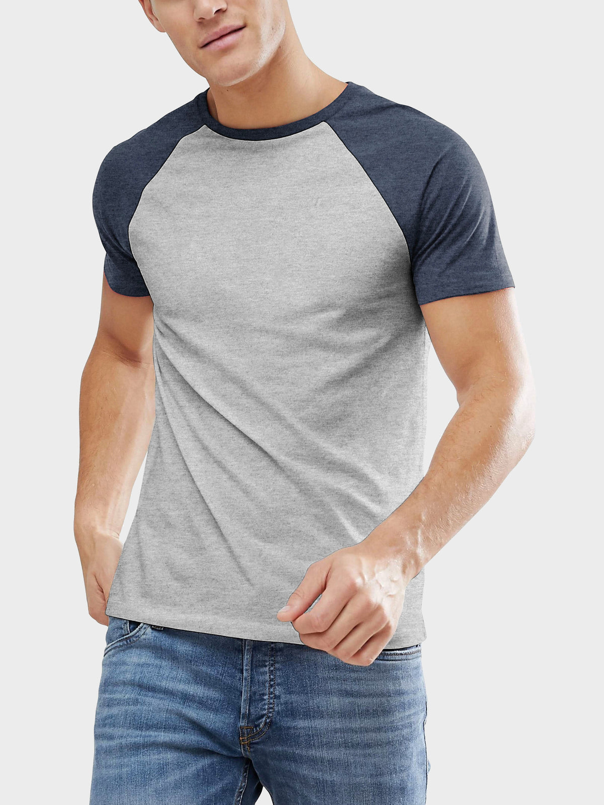 Men’s Contrast Raglan Short Sleeve Baseball T-Shirts in Heather Gray/Heather Navy - Hat and Beyond baseball jersey