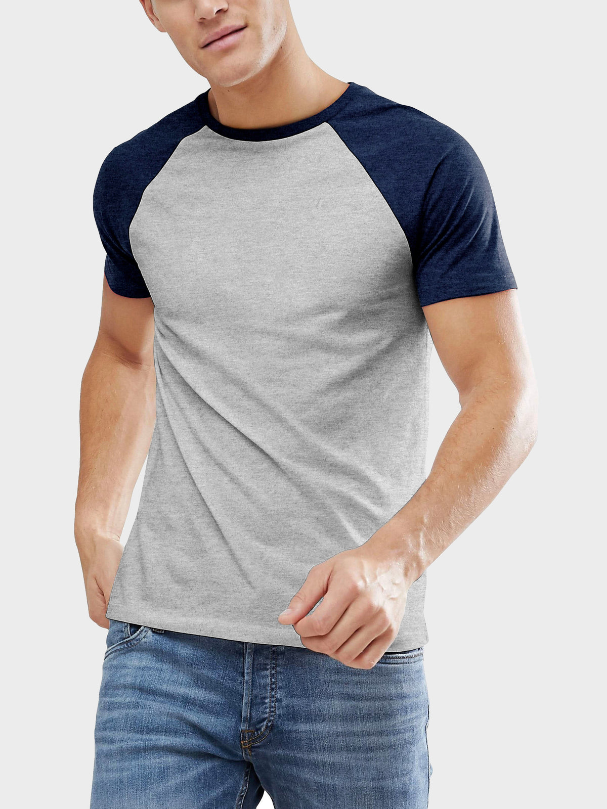 Men’s Contrast Raglan Short Sleeve Baseball T-Shirts in Heather Gray/Royal Caviar - Hat and Beyond baseball jersey
