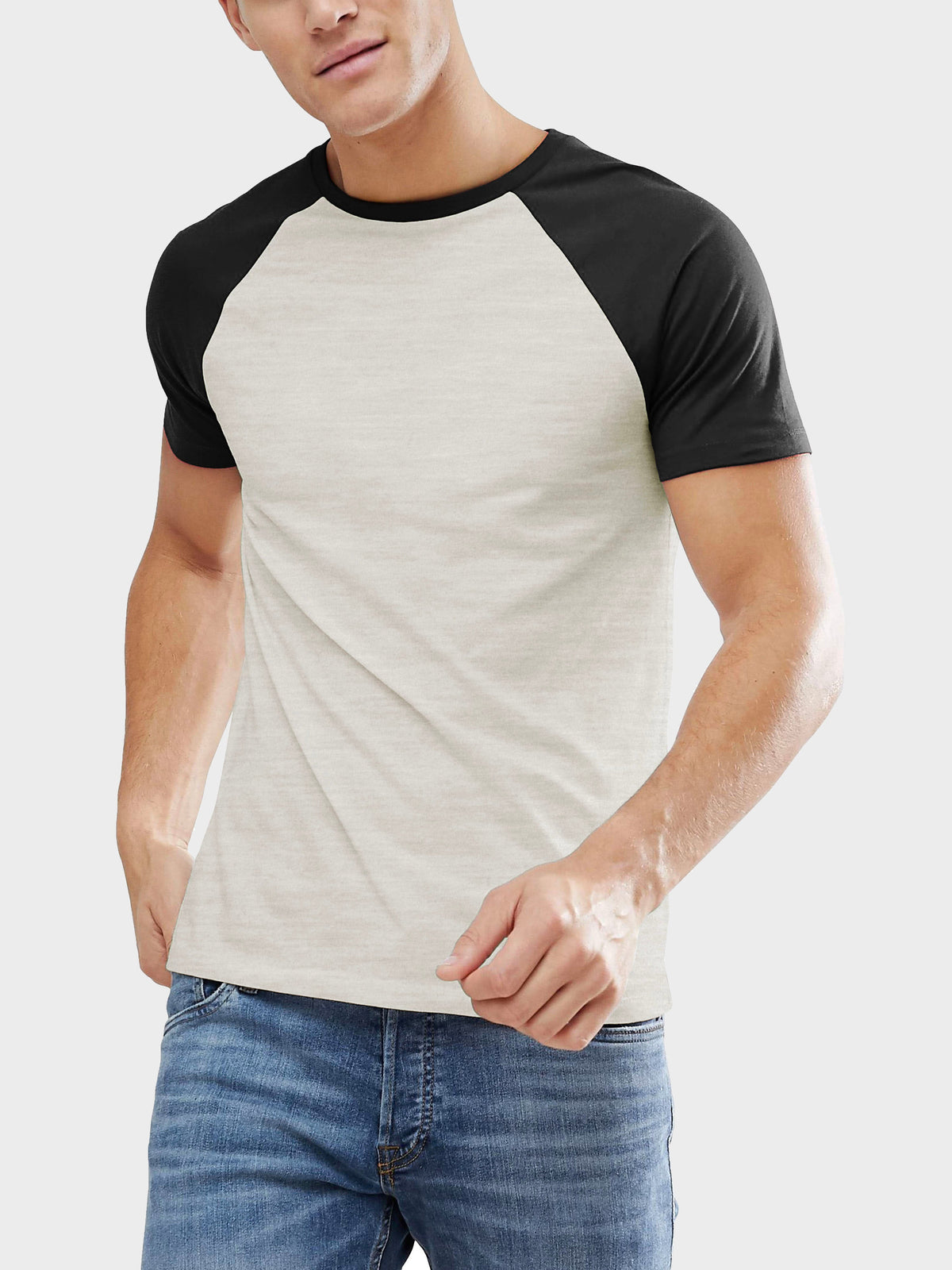 Men’s Contrast Raglan Short Sleeve Baseball T-Shirts in Oatmeal Heather/Black - Hat and Beyond baseball jersey