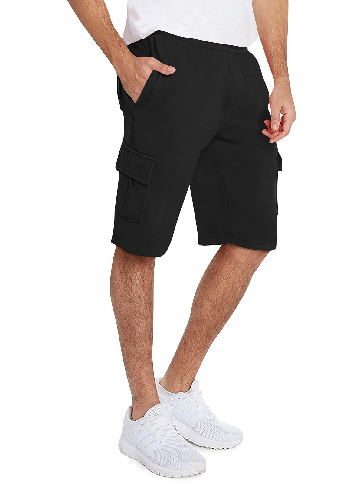Men’s Premium Fleece Cargo Sweat Shorts Loose Fit in Black - Hat and Beyond casual shorts