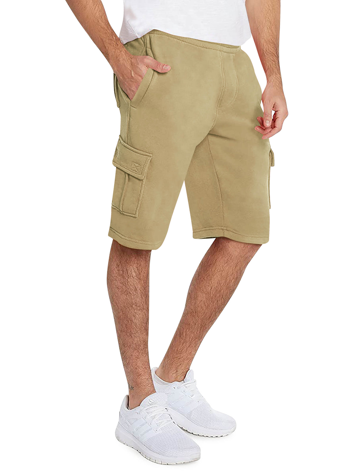 Men’s Premium Fleece Cargo Sweat Shorts Loose Fit in Khaki - Hat and Beyond casual shorts
