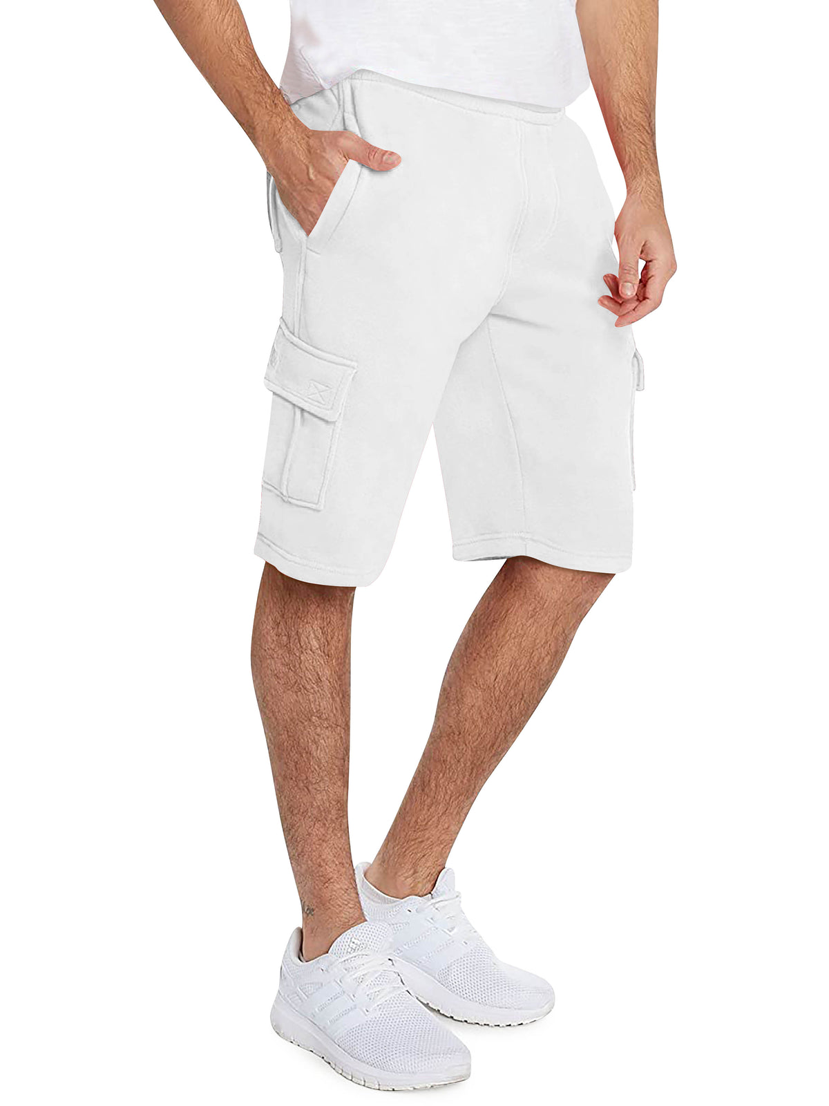 Men’s Premium Fleece Cargo Sweat Shorts Loose Fit in White - Hat and Beyond casual shorts