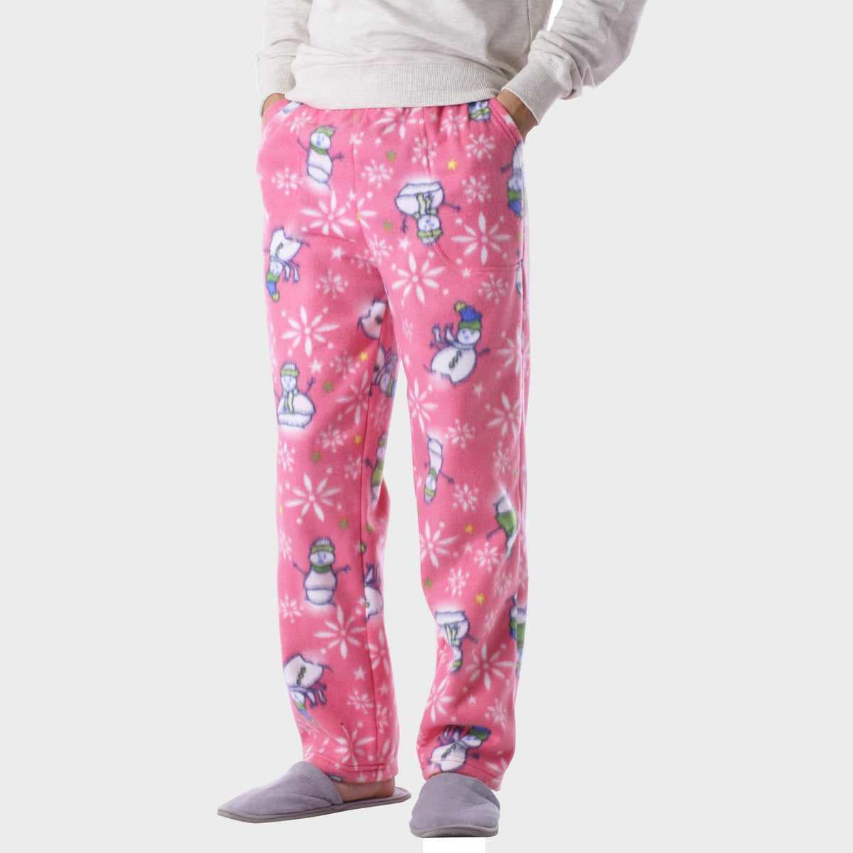 Men’s Snowman Fleece Pajama in pajama pants_mens pajama pants_mens lounge pants_soft pajama pants_pajama bottoms_pj pants_soft lounge pants_family pajama pants_Pink Snowman - Hat a