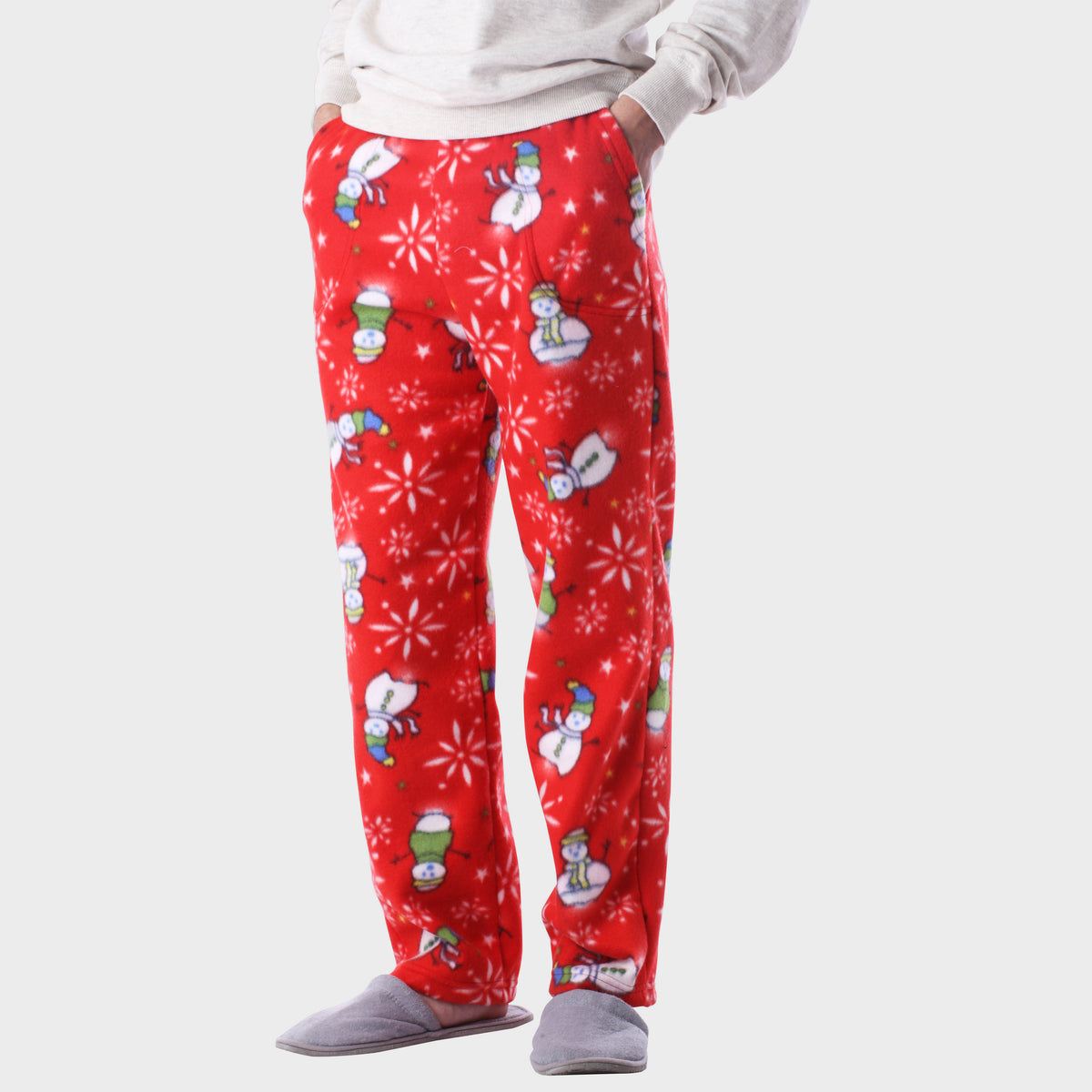 Men’s Snowman Fleece Pajama in pajama pants_mens pajama pants_mens lounge pants_soft pajama pants_pajama bottoms_pj pants_soft lounge pants_family pajama pants_Red Snowman - Hat an