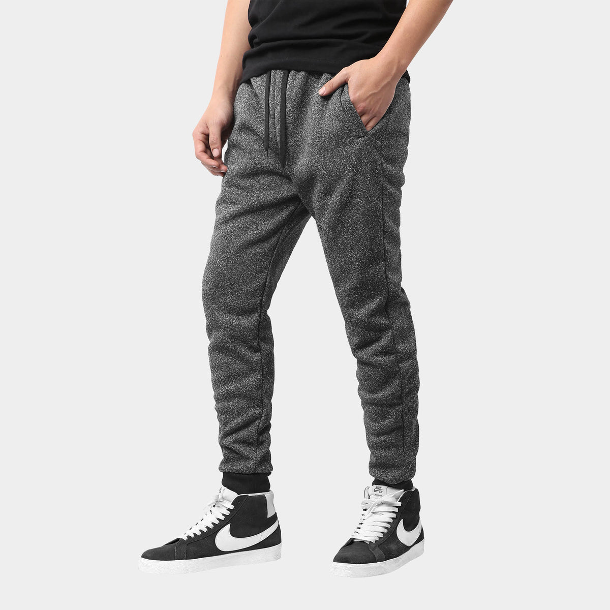 Men’s Melange Joggers in leather jogger_plain jogger_boys joggers_joggers mens_leather sweatpants_best sweatpants_champion sweatpants_champion joggers_Black - Hat and Beyond fleece