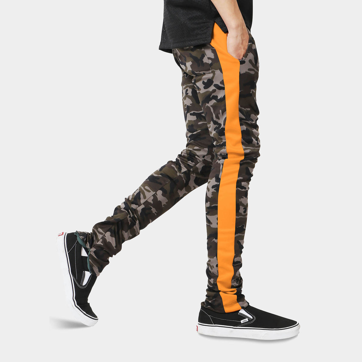 Men’s Camo Track Pants in camo track pants_camouflage track pants_camo track pants mens_army print track pant_mens camo track pants_track pants camo_Camo/Orange - Hat and Beyond fl