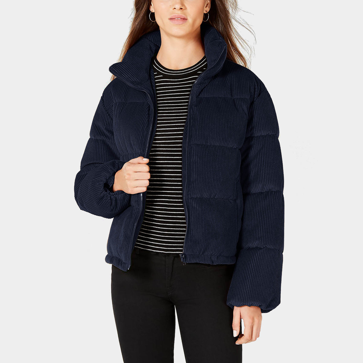 Women’s Corduroy Puffer Jacket in corduroy puffer jacket_cord puffer jacket_corduroy puffer_corduroy puffer coat_corduroy jacket puffer_cord jacket_oversized corduroy jacket_Navy -