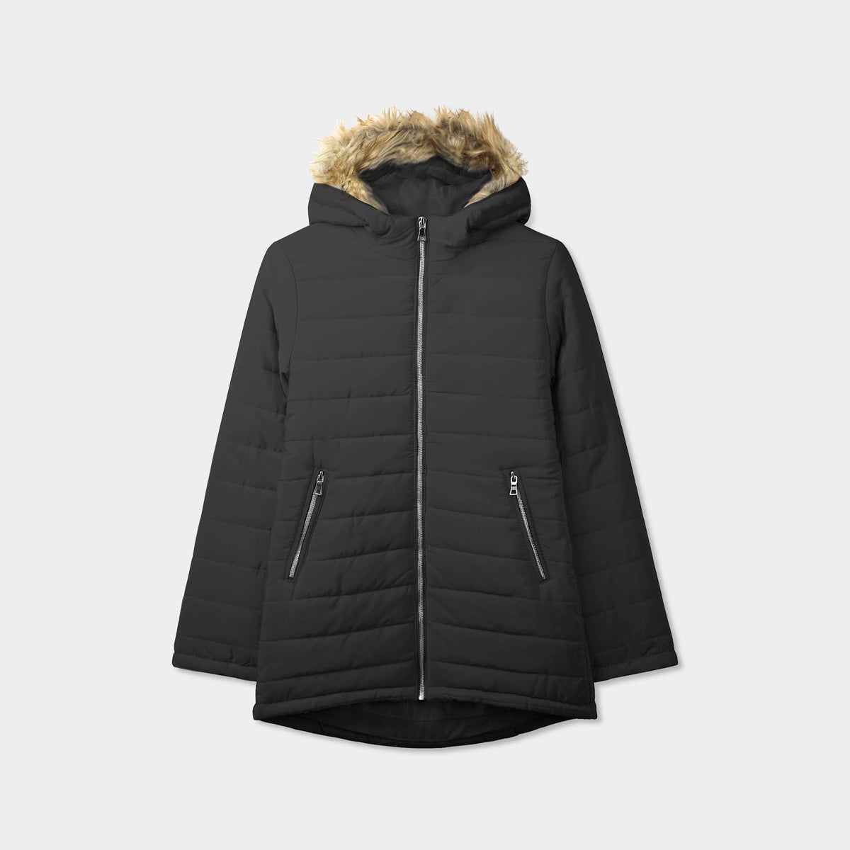 Women’s Hooded Puffer Jacket in puffer coat_bubble jacket_bubble coat_womens puffer coat_down coat_long puffer coat_puffer coat with fur hood_womens puffer coat with fur hood_Black