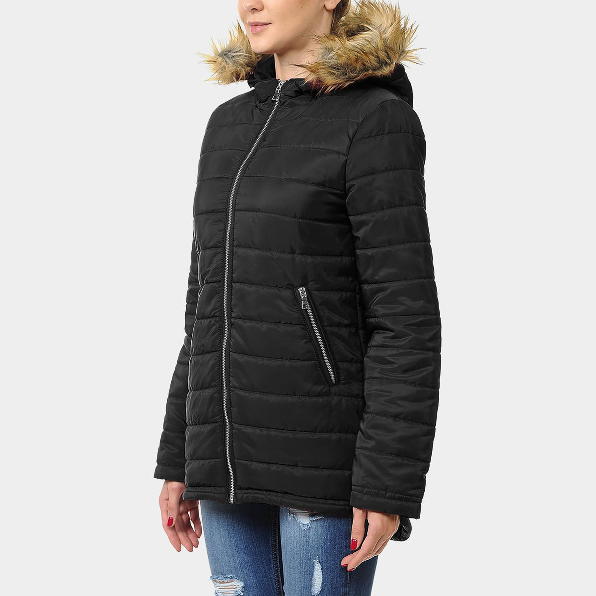 Women’s Hooded Puffer Jacket in puffer coat_bubble jacket_bubble coat_womens puffer coat_down coat_long puffer coat_puffer coat with fur hood_womens puffer coat with fur hood_Black